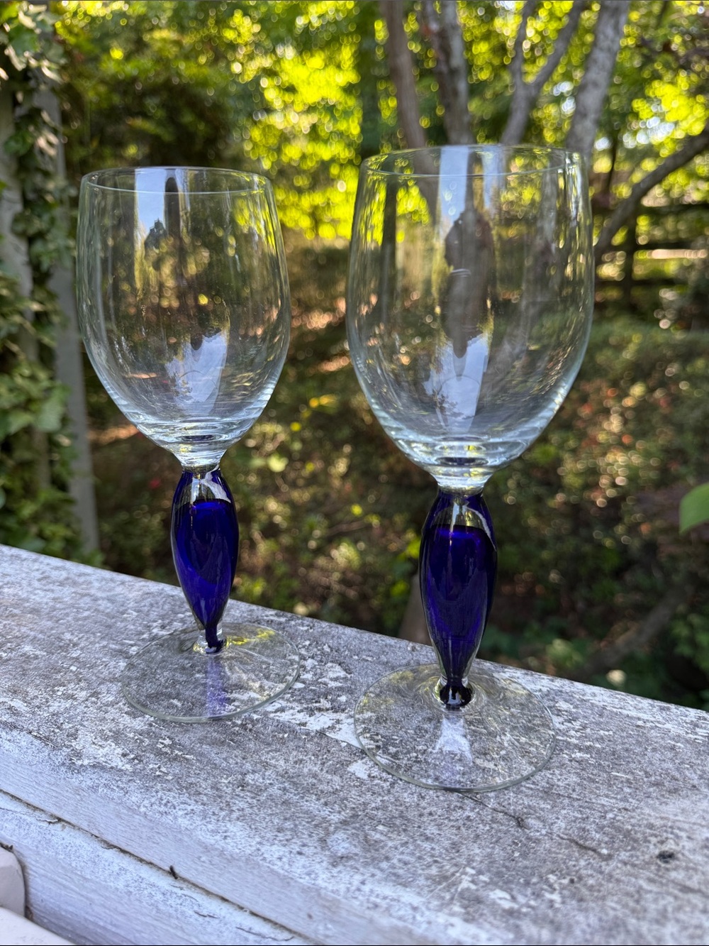 Handblown Clear Wine Glasses with Cobalt Blue Stem - Set of 2